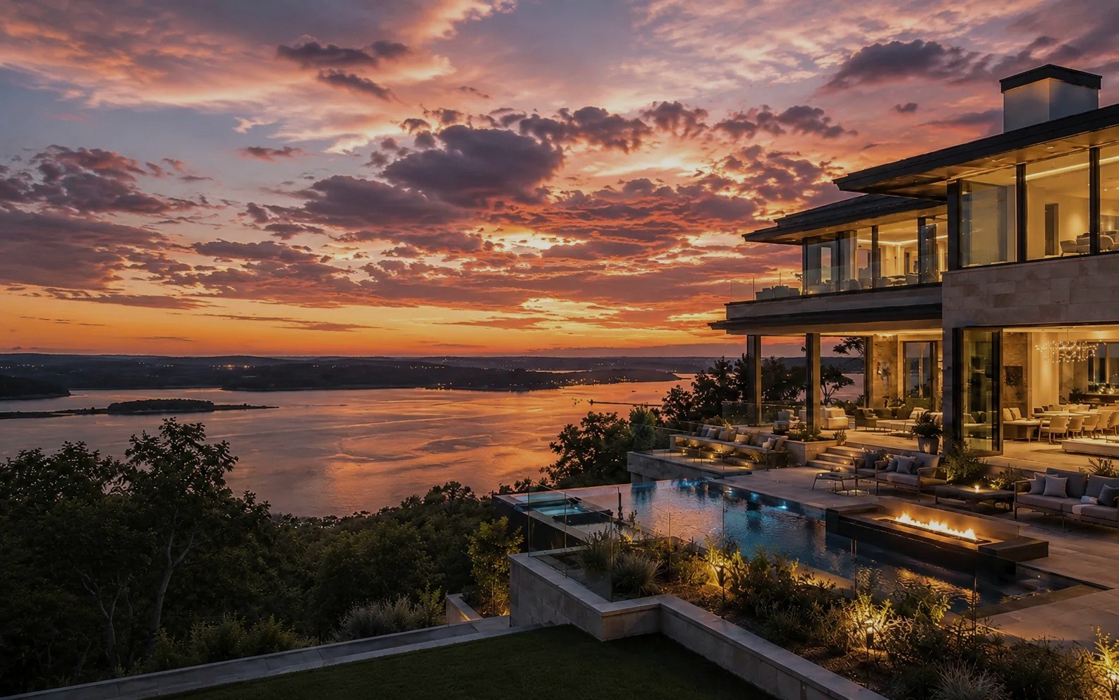 Illustrative concept image of a contemporary Texas Hill Country estate overlooking the lake at sunset