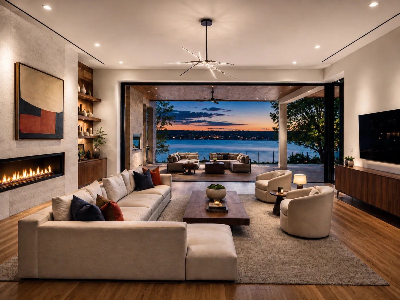 Illustrative concept image of a lakeside contemporary residence at golden hour