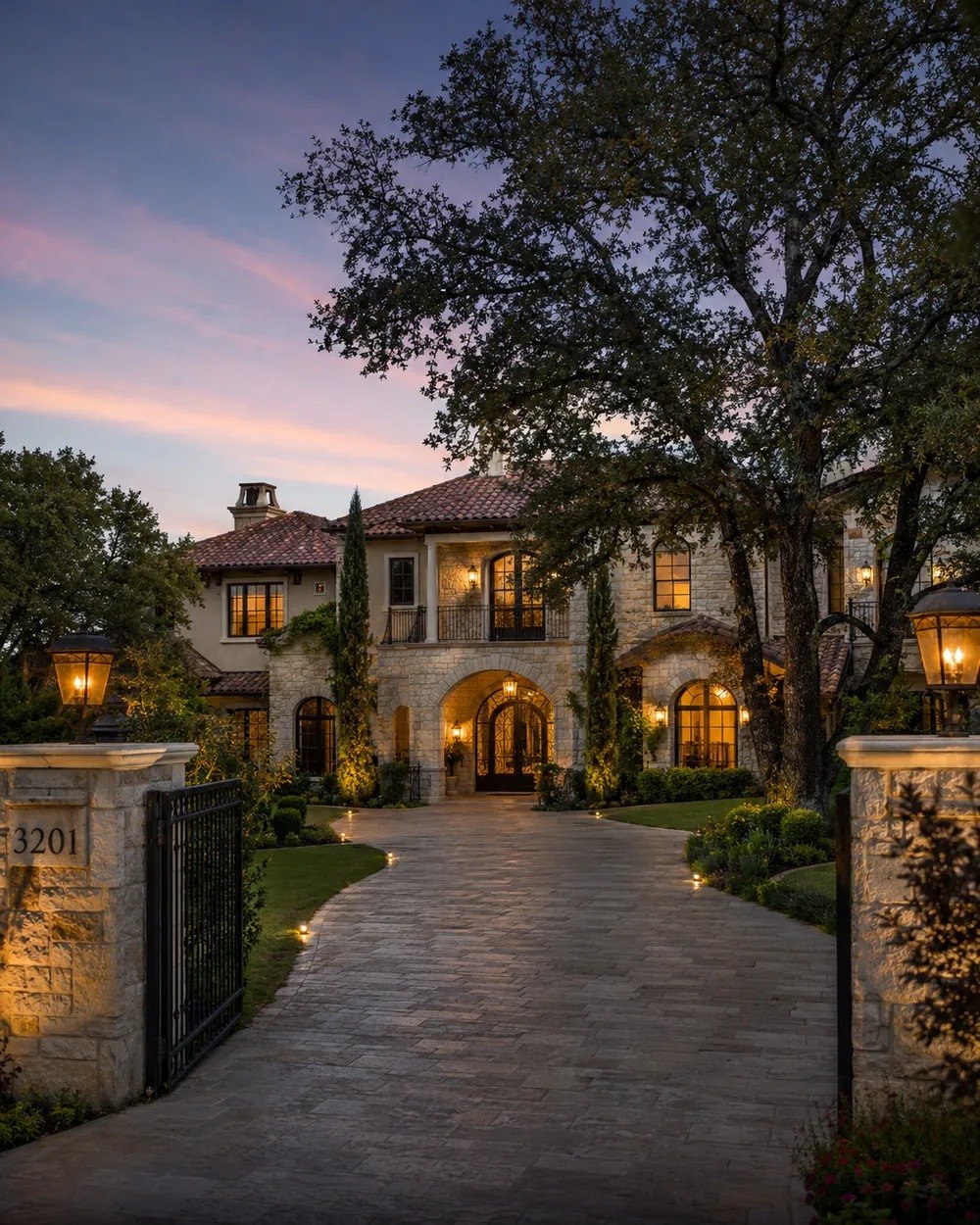 Illustrative concept image of a gated estate entrance at dusk