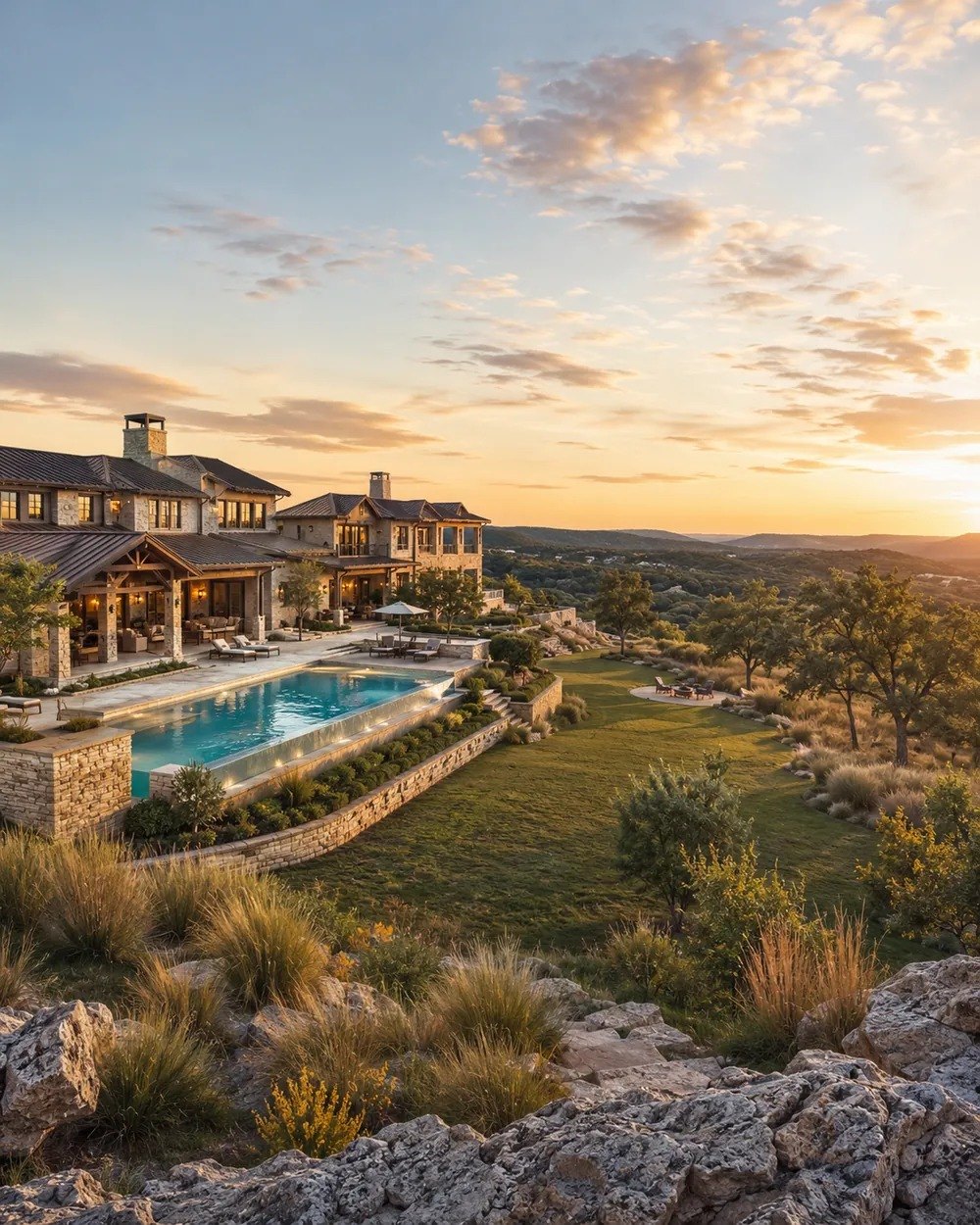 Illustrative concept image of a Hill Country estate on acreage at sunset