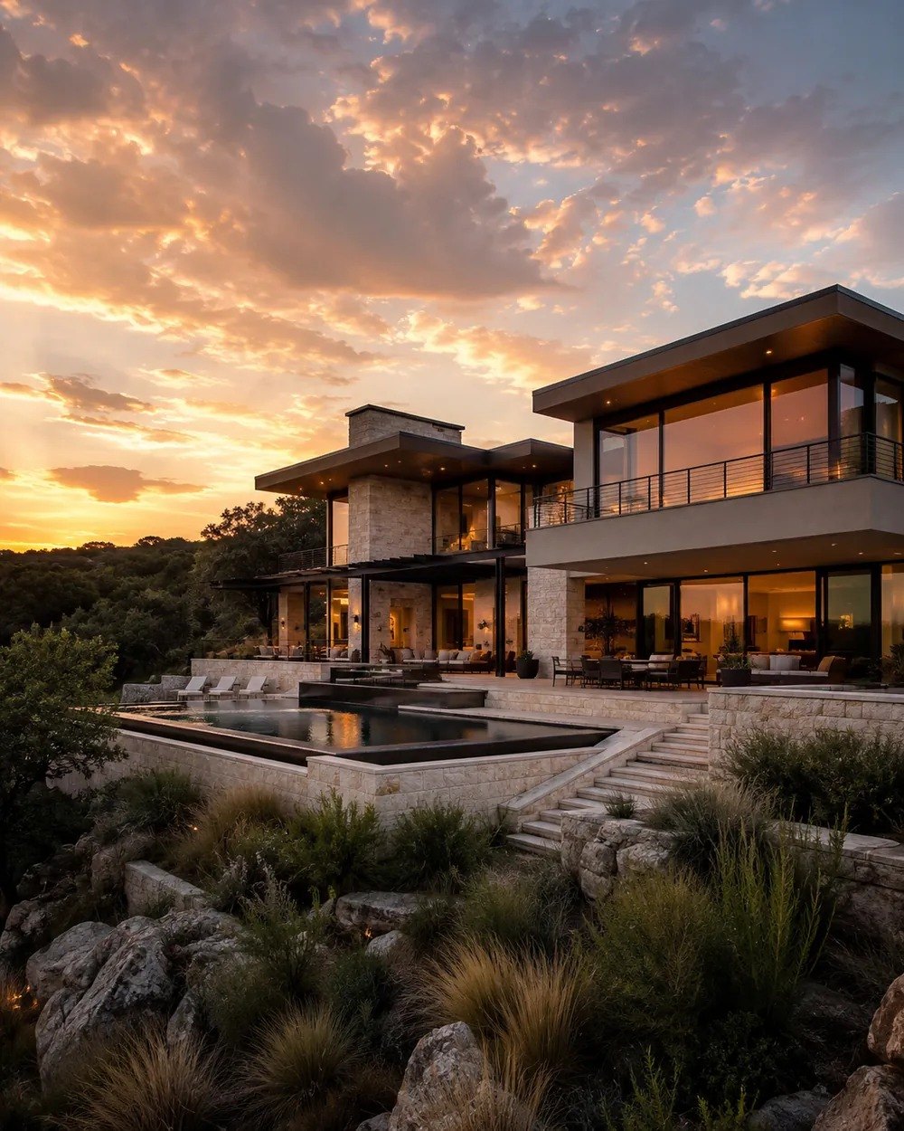 Illustrative concept image of a newly built contemporary home at golden hour