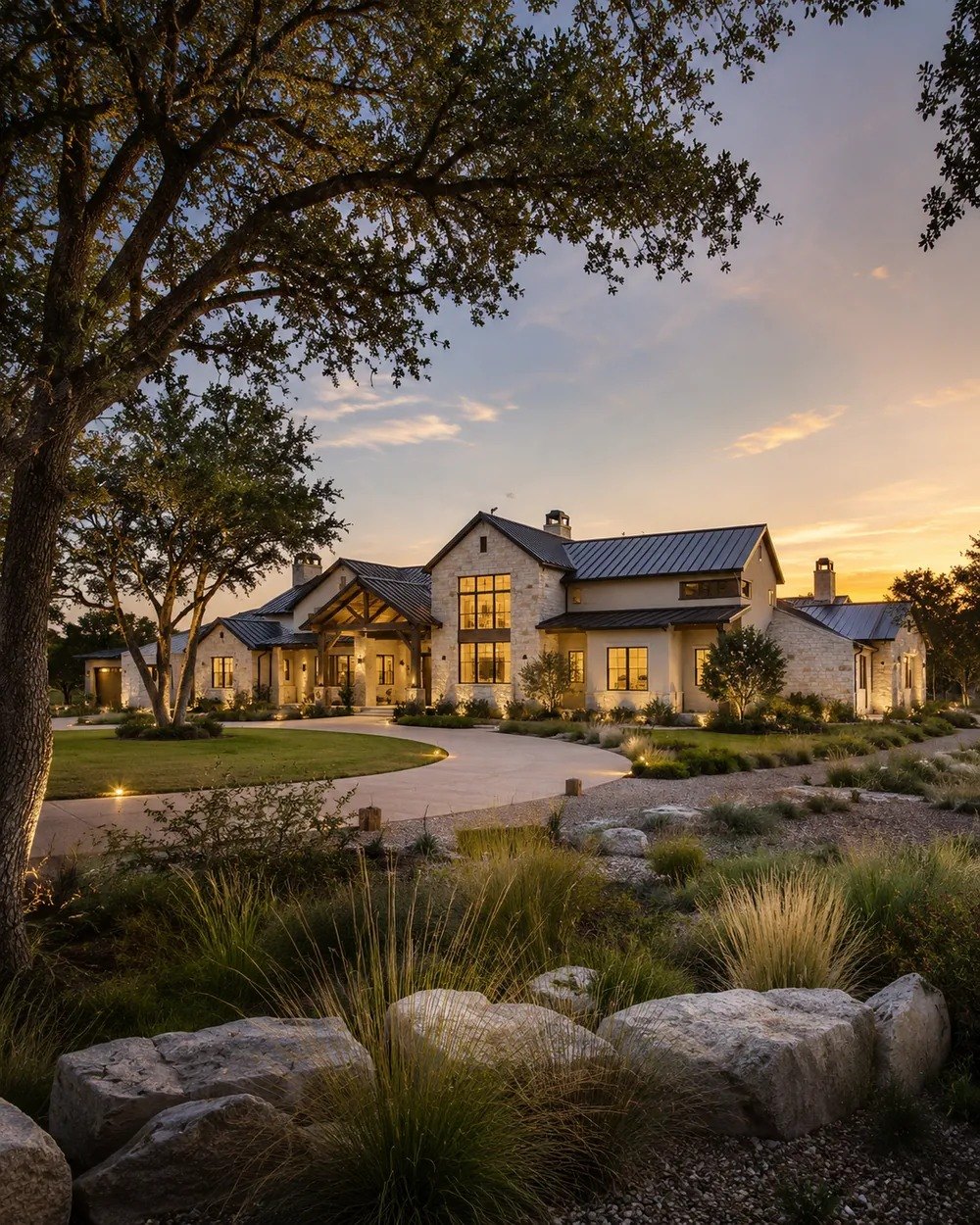 Illustrative concept image of a stone-and-metal Texas ranch style home at dusk