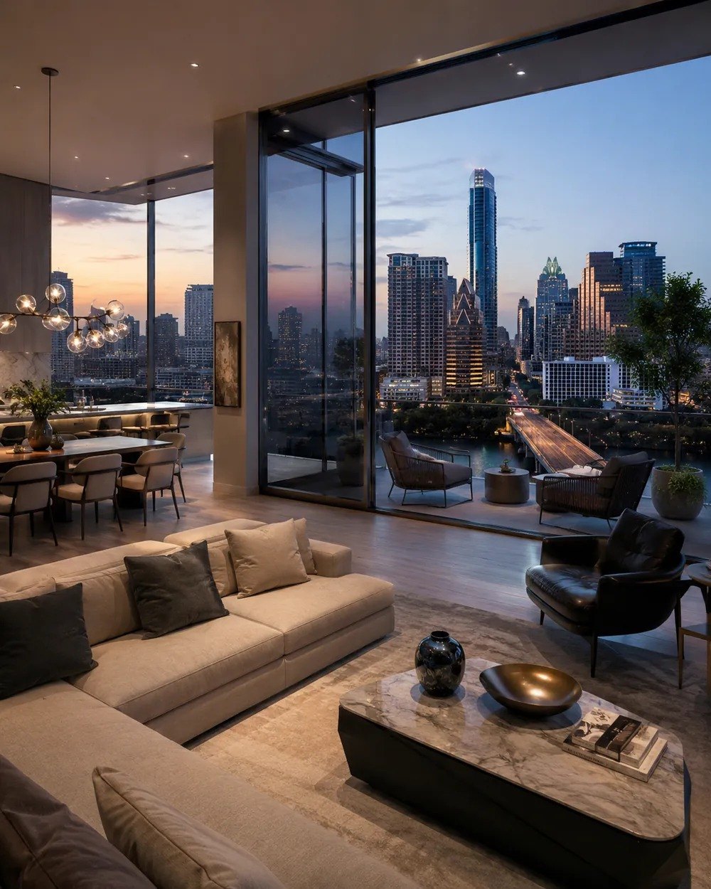 Illustrative concept image of a downtown Austin high-rise residence overlooking the skyline