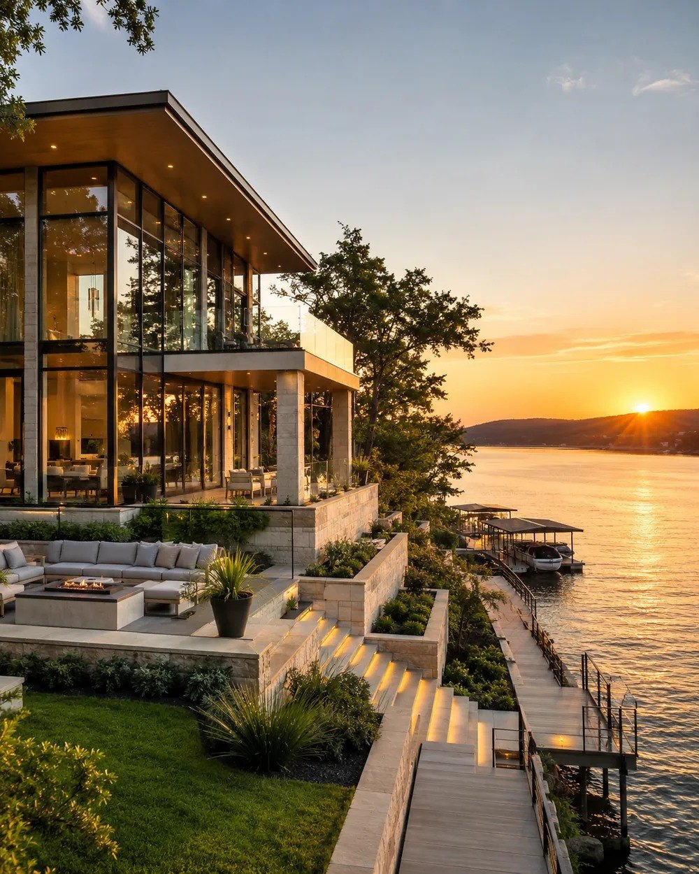 Illustrative concept image of a lakefront residence with a private dock at sunset